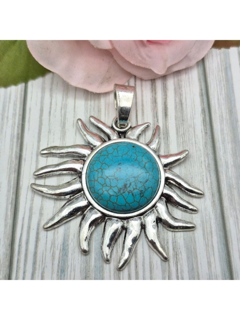 Turquoise Howlite Silver-Tone Sun Large Pendant 2.5" Boho Jewelry Western